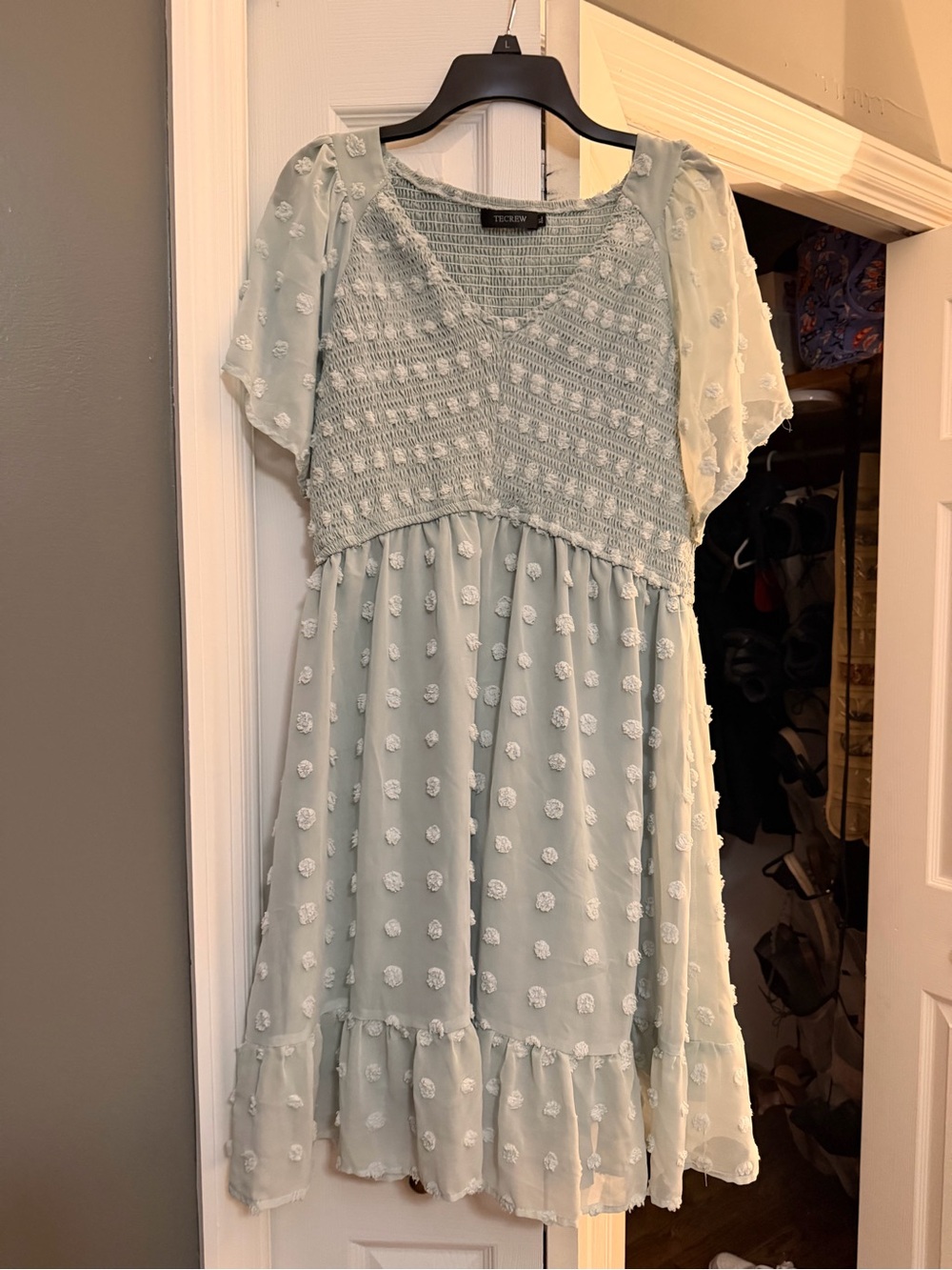 Smocked Swiss Dot Dress - Pale Sage Green